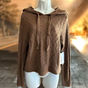 Hazel Moon Women's Brown Cable Knit Cropped Hooded Pullover Sweater Size S